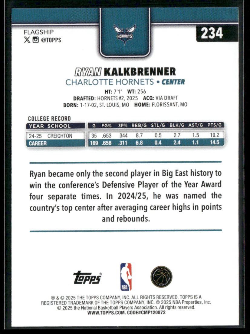 Ryan Kalkbrenner 2025-26 Topps #234 RC Charlotte Hornets