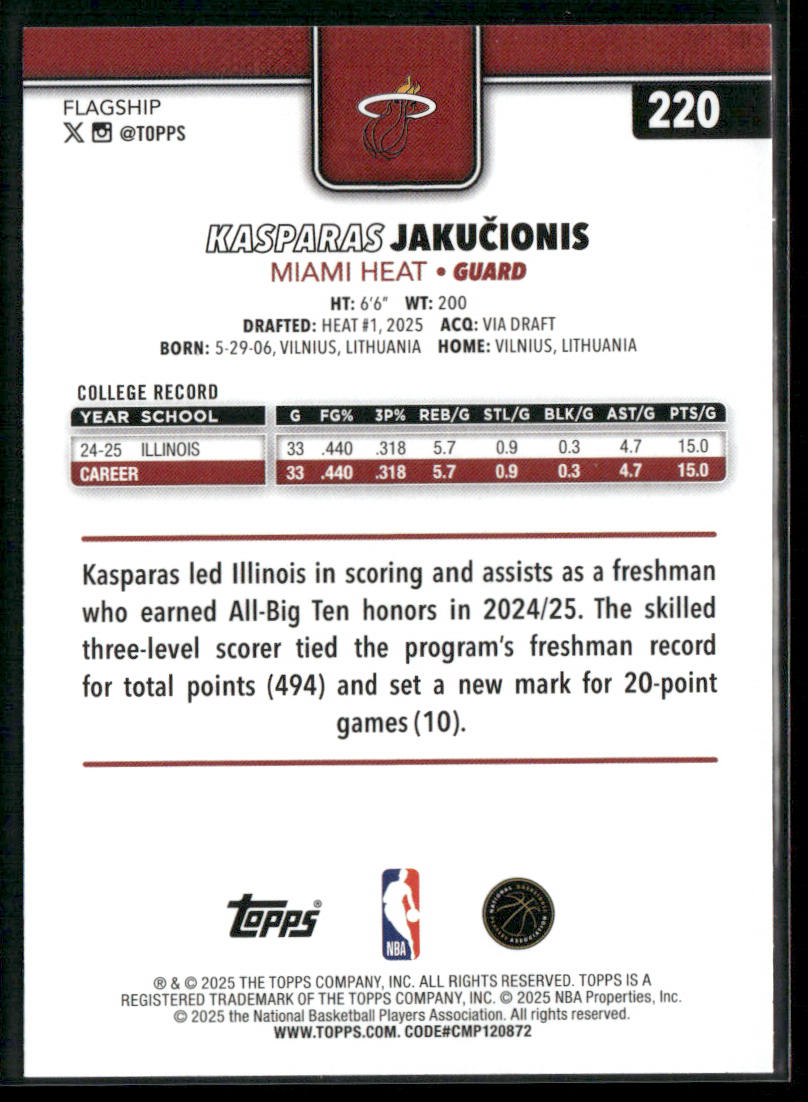 Kasparas Jakučionis 2025-26 Topps #220 RC Miami Heat