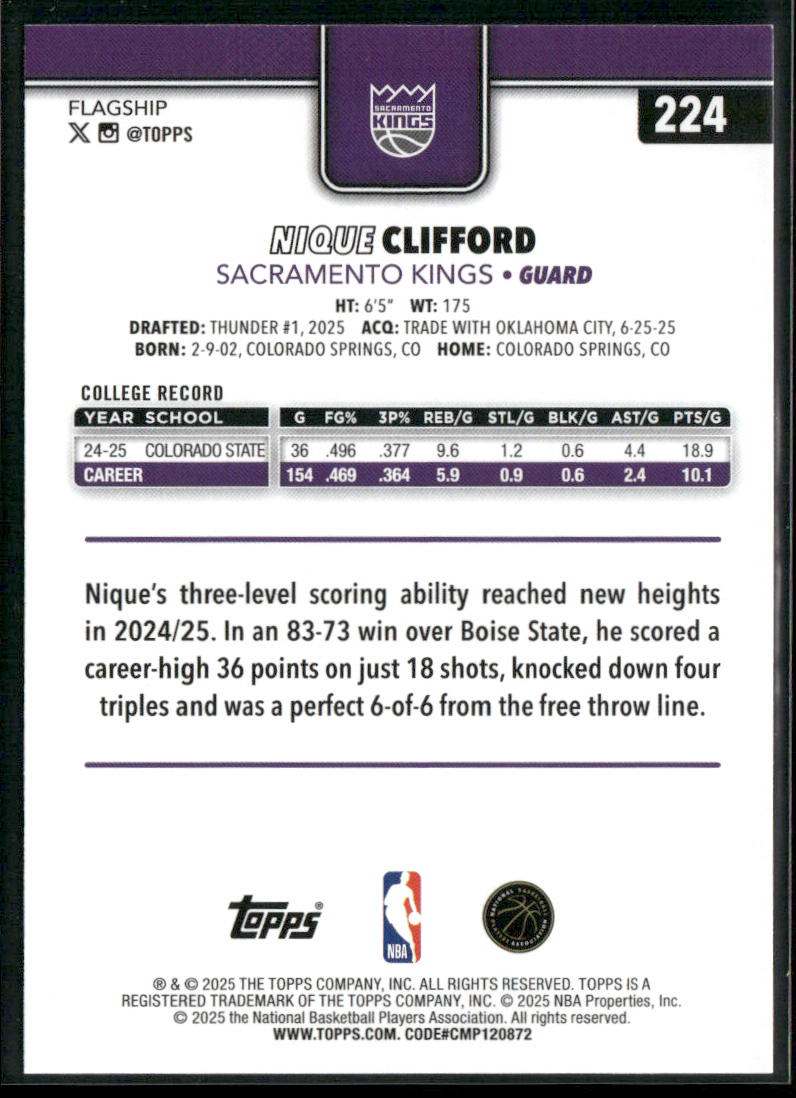 Nique Clifford 2025-26 Topps #224 RC Sacramento Kings