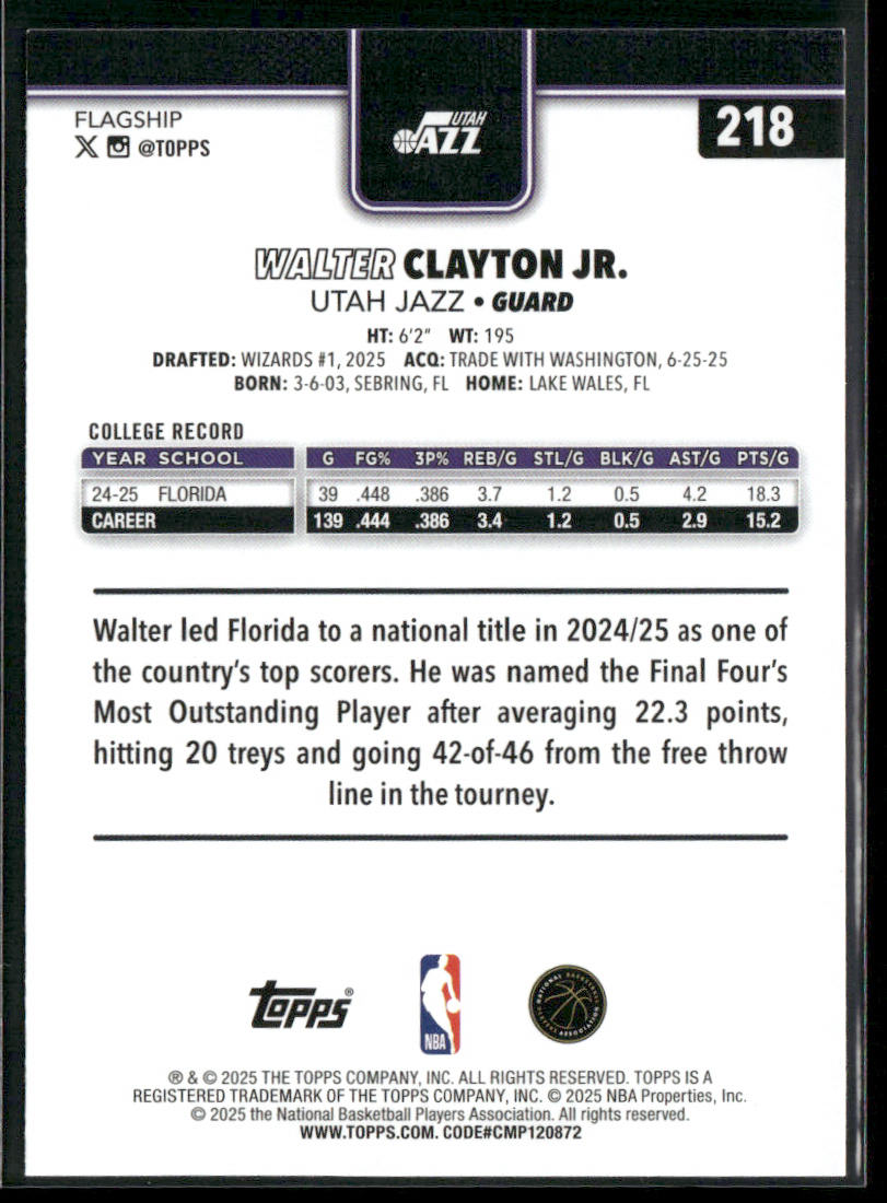 Walter Clayton Jr. 2025-26 Topps #218 RC Utah Jazz