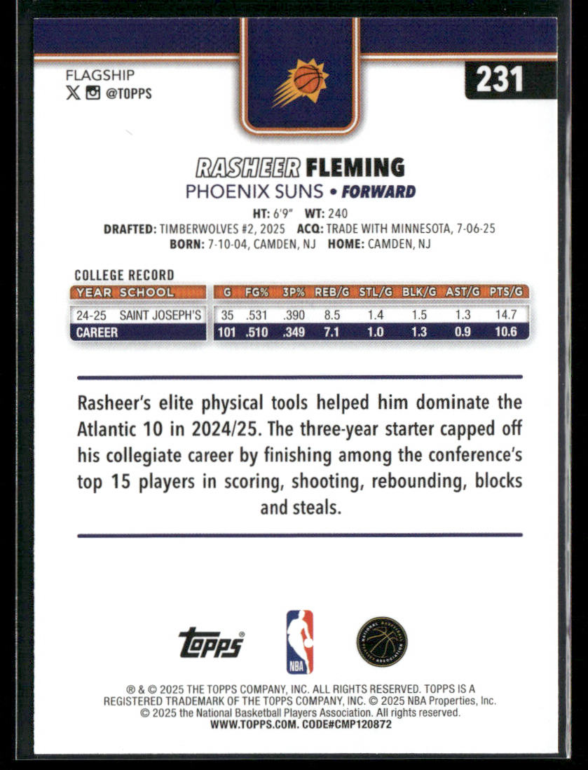 Rasheer Fleming 2025-26 Topps #231 RC Phoenix Suns