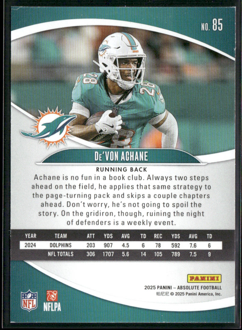 De'Von Achane 2025 Panini Absolute Retail #85 Miami Dolphins back