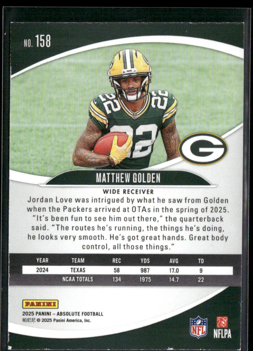 Matthew Golden 2025 Panini Absolute Retail #158 RC Green Bay Packers