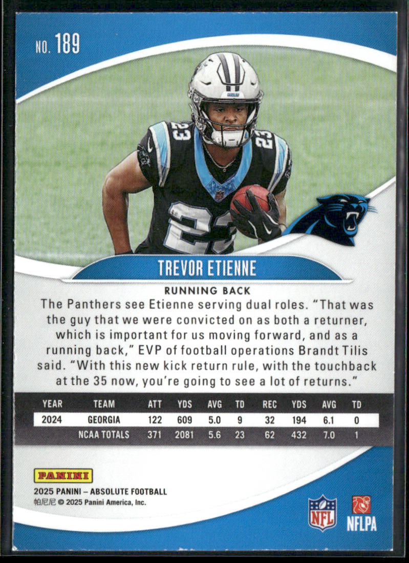 Trevor Etienne 2025 Panini Absolute Retail #189 RC Carolina Panthers