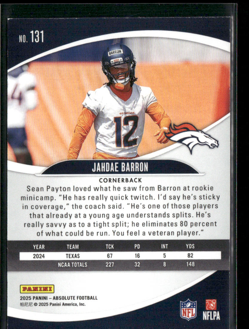 Jahdae Barron 2025 Panini Absolute Retail #131 RC Denver Broncos