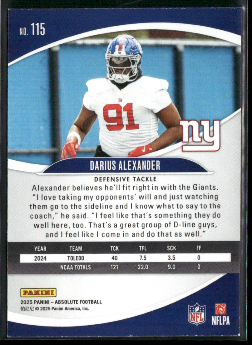 Darius Alexander 2025 Panini Absolute Retail #115 RC New York Giants