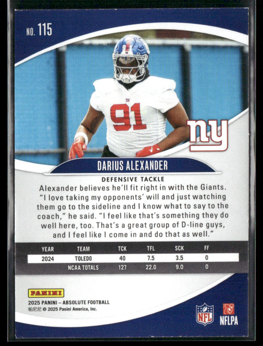 Darius Alexander 2025 Panini Absolute Retail #115 RC New York Giants back