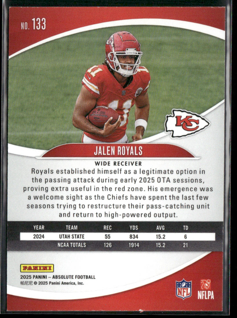 Jalen Royals 2025 Panini Absolute Retail #133 RC Kansas City Chiefs
