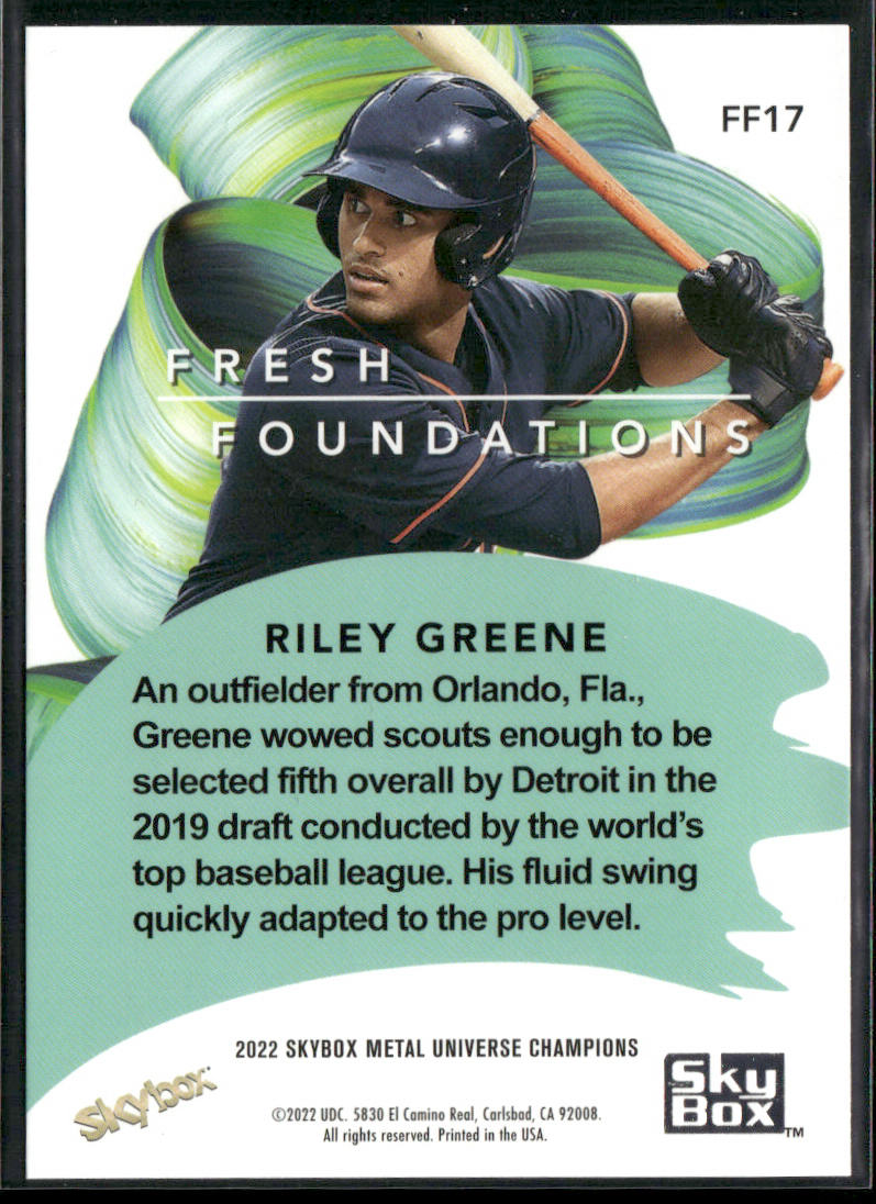 Riley Greene 2022 SkyBox Metal Universe Champions Fresh Foundations #FF17 back