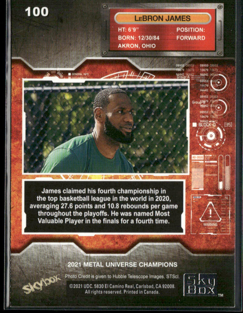 LeBron James 2021 SkyBox Metal Universe Champions #100 back