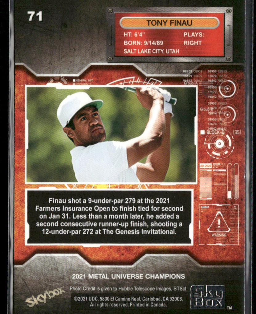 Tony Finau 2021 SkyBox Metal Universe Champions #71 RC back
