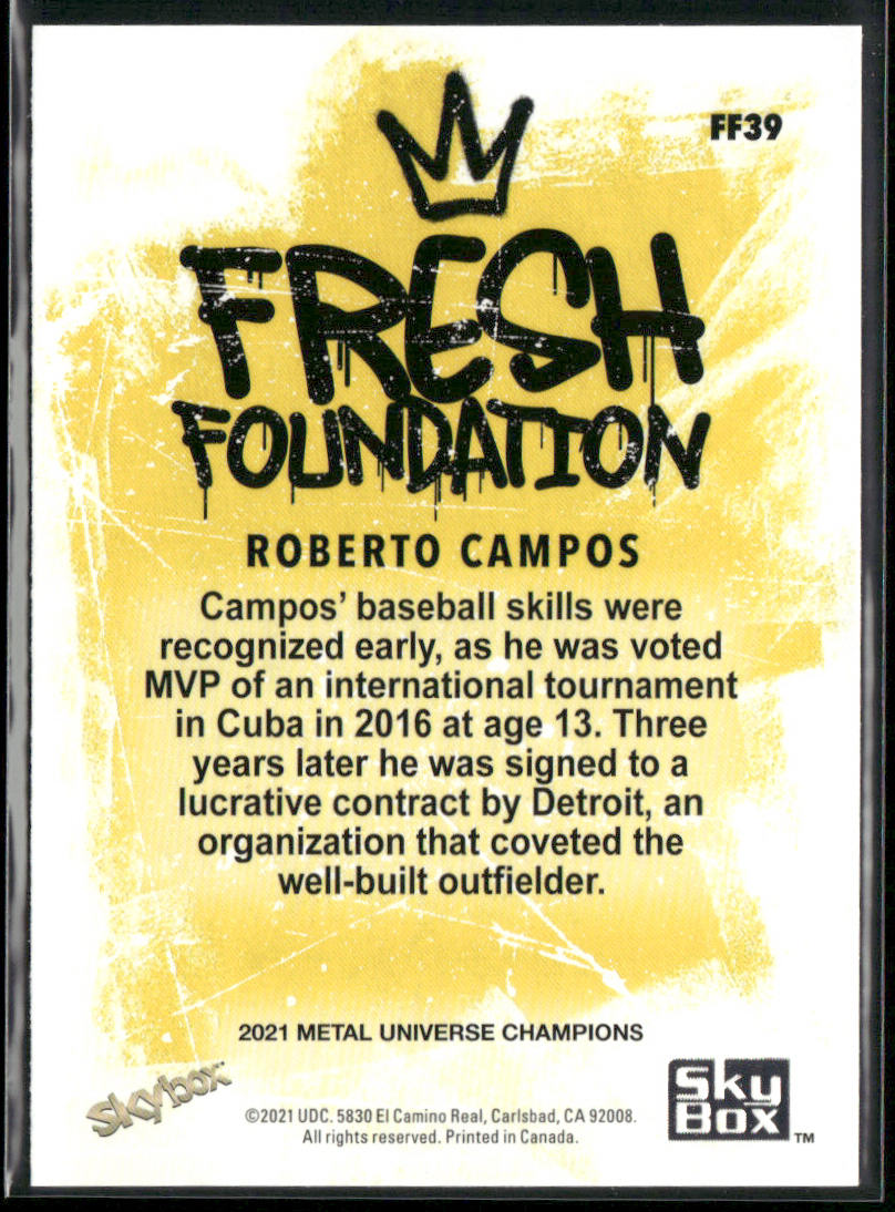 Roberto Campos 2021 SkyBox Metal Universe Champions Fresh Foundation #FF39 back