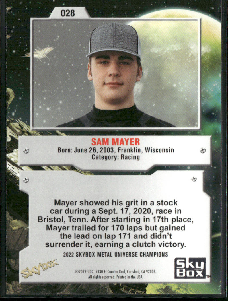 Sam Mayer 2022 SkyBox Metal Universe Champions #028 back