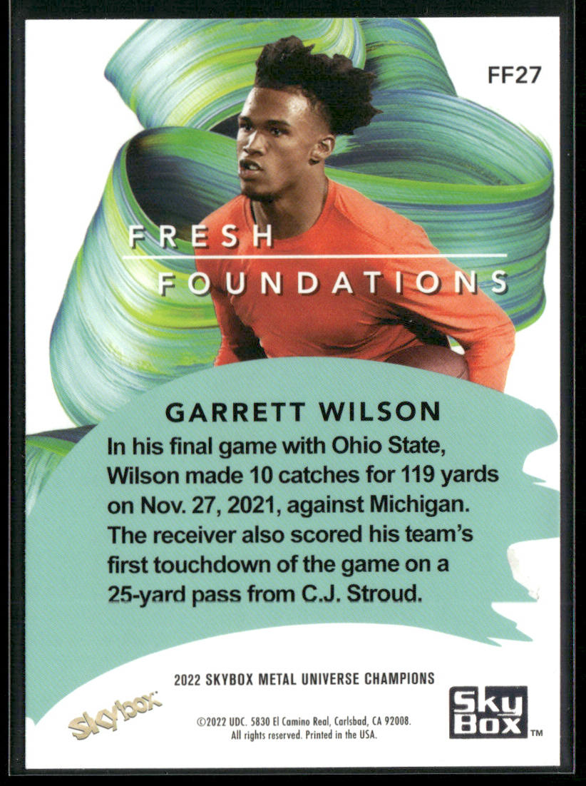Garrett Wilson 2022 SkyBox Metal Universe Champions Fresh Foundations Aqua #FF27