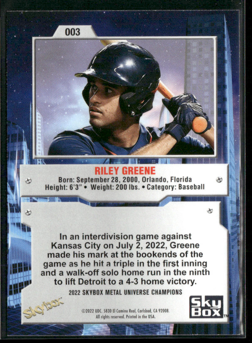 Riley Greene 2022 SkyBox Metal Universe Champions #003 back