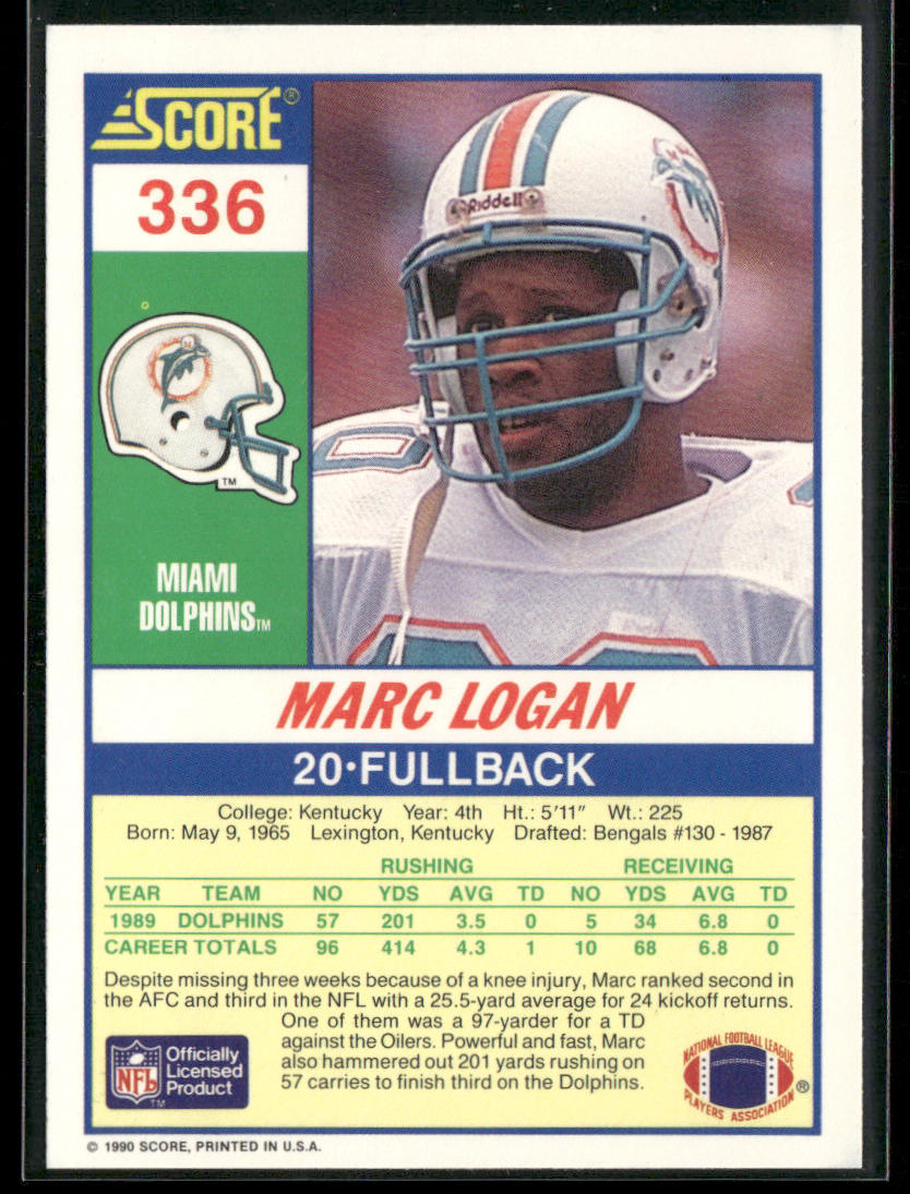 Marc Logan 1990 Score #336 RC Miami Dolphins
