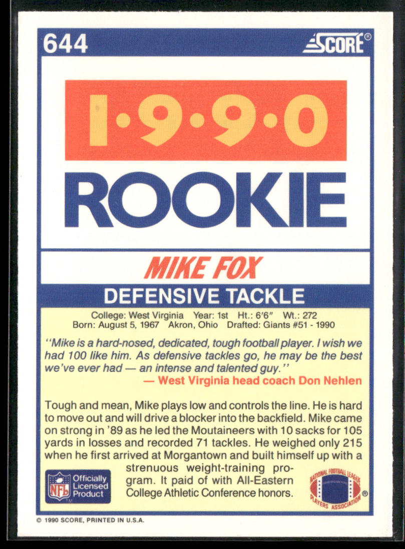 Mike Fox 1990 Score #644 RC West Virginia Mountaineers back
