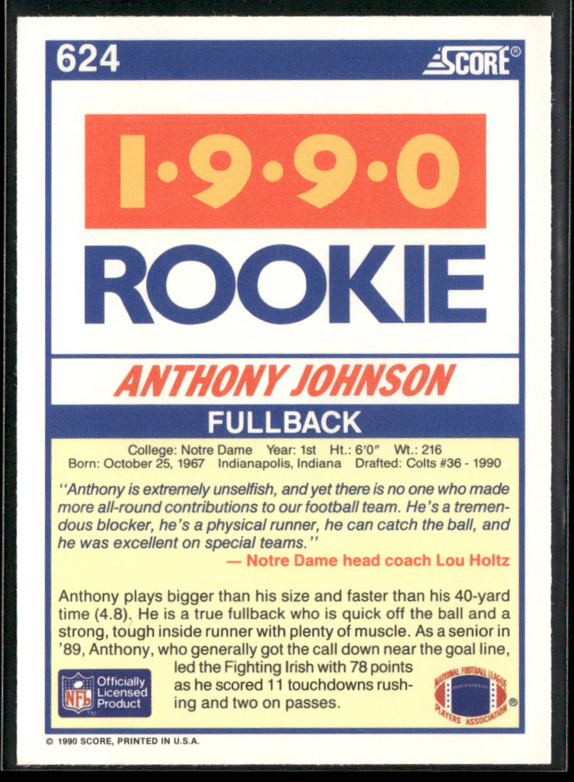 Anthony Johnson 1990 Score #624 RC Notre Dame Fighting Irish back