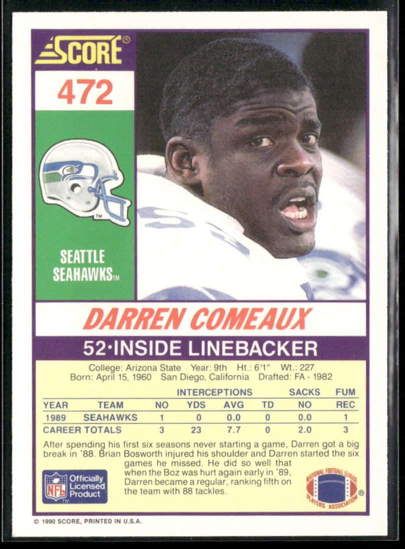 Darren Comeaux 1990 Score #472 RC Seattle Seahawks back