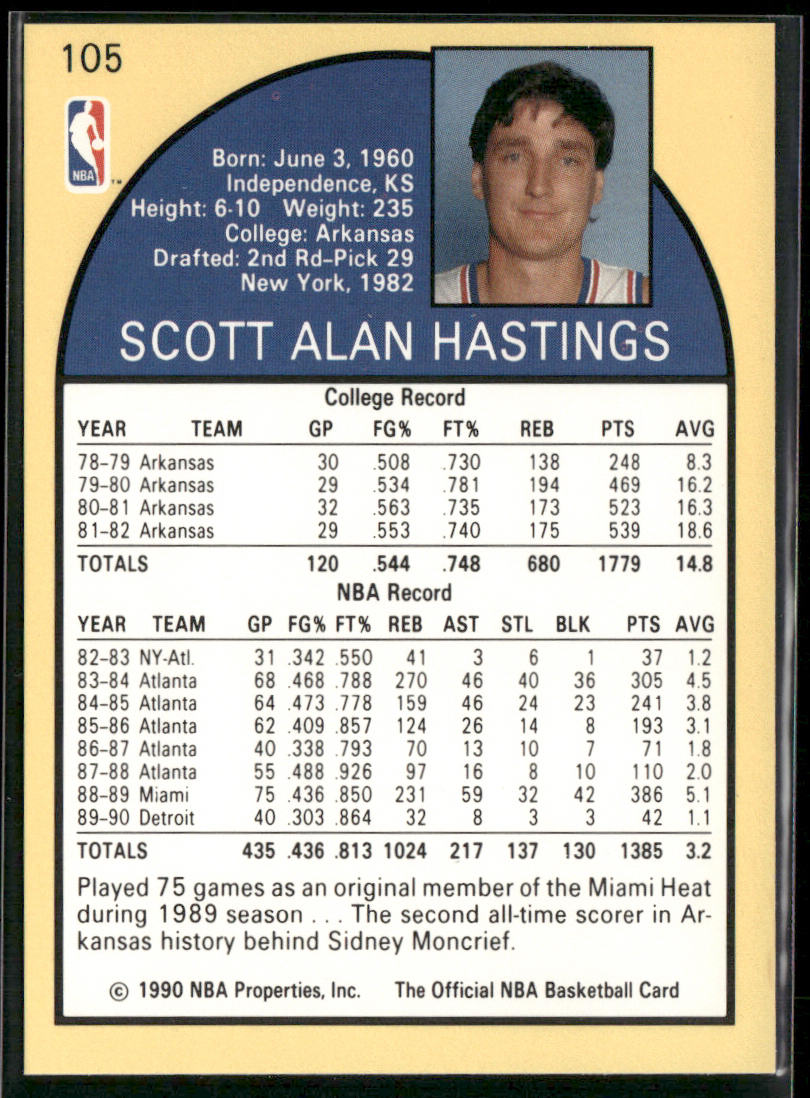 Scott Hastings 1990-91 Hoops #105 Detroit Pistons