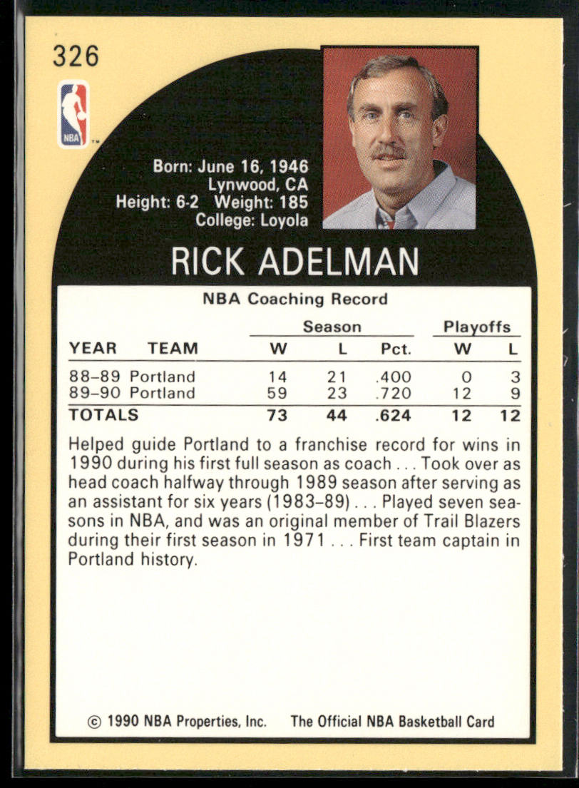 Rick Adelman 1990-91 Hoops #326 Portland Trail Blazers