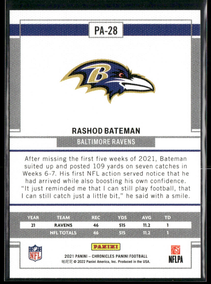 Rashod Bateman 2021 Panini Chronicles Panini #PA-28 Baltimore Ravens