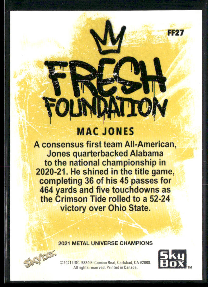 Mac Jones 2021 SkyBox Metal Universe Champions Fresh Foundation #FF27