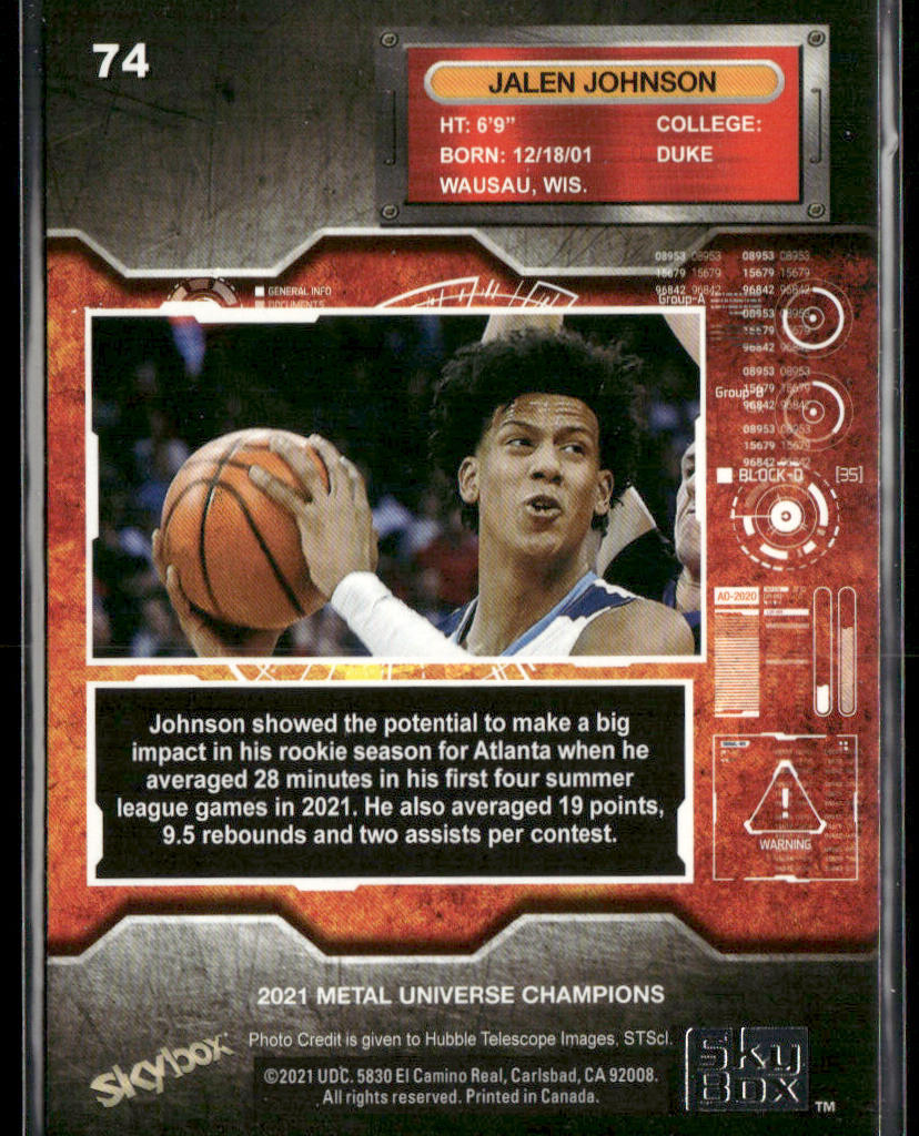 Jalen Johnson 2021 SkyBox Metal Universe Champions #74 back