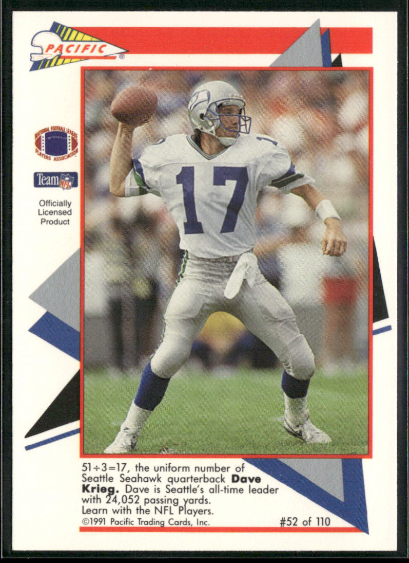 Dave Krieg 1991 Pacific Flash Cards #52 Seattle Seahawks