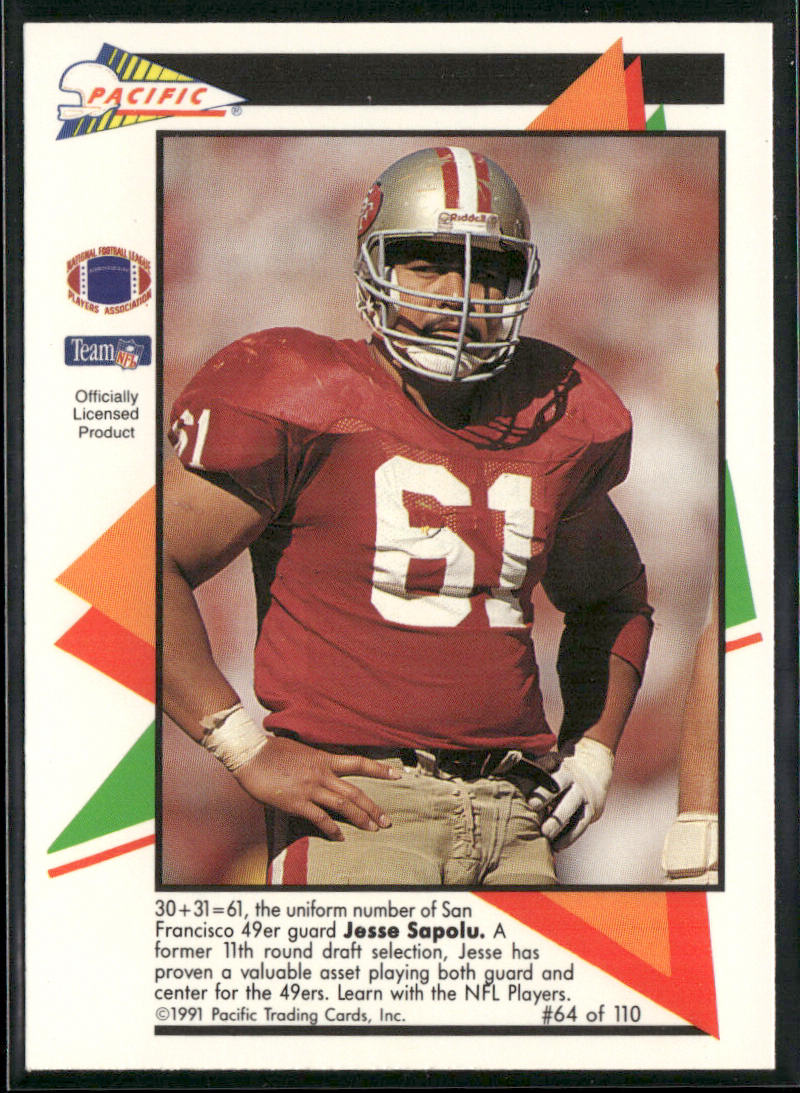 Jesse Sapolu 1991 Pacific Flash Cards #64 San Francisco 49ers