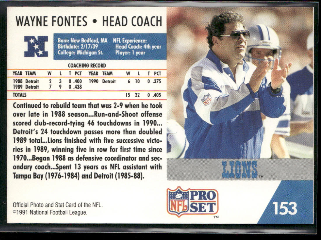 Wayne Fontes 1991 Pro Set #153 Detroit Lions back