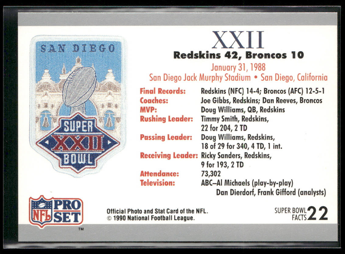 SB XXII Ticket 1990-91 Pro Set Super Bowl XXV Silver Anniversary #22