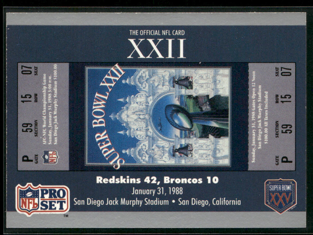 SB XXII Ticket 1990-91 Pro Set Super Bowl XXV Silver Anniversary #22