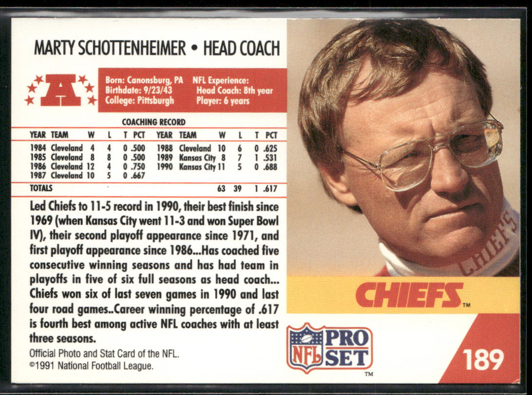 Marty Schottenheimer 1991 Pro Set #189 Kansas City Chiefs back