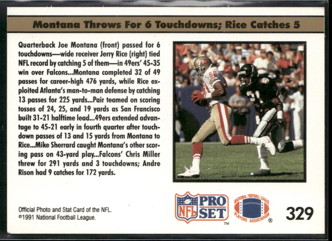 Montana, Rice Burn Falcons 1991 Pro Set #329 San Francisco 49ers back