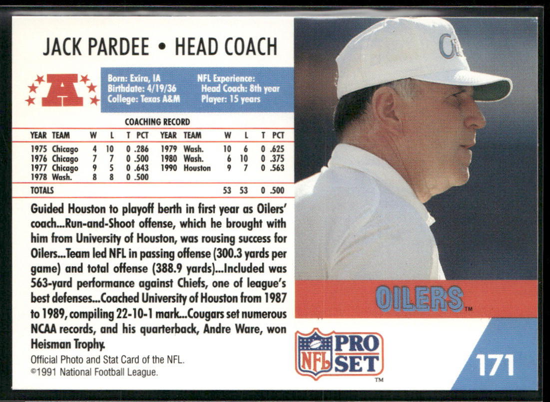 Jack Pardee 1991 Pro Set #171 Houston Oilers back