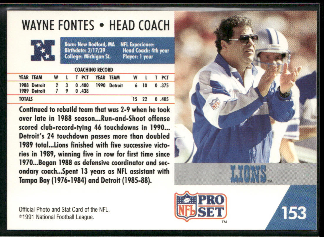 Wayne Fontes 1991 Pro Set #153 Detroit Lions back
