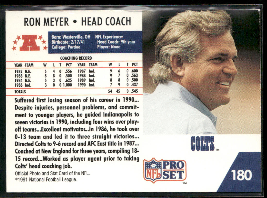 Ron Meyer 1991 Pro Set #180 Indianapolis Colts back