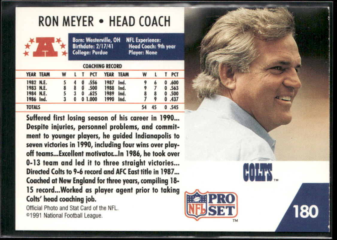 Ron Meyer 1991 Pro Set #180 Indianapolis Colts back