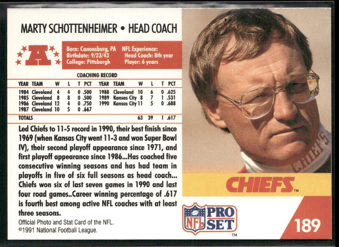 Marty Schottenheimer 1991 Pro Set #189 Kansas City Chiefs back