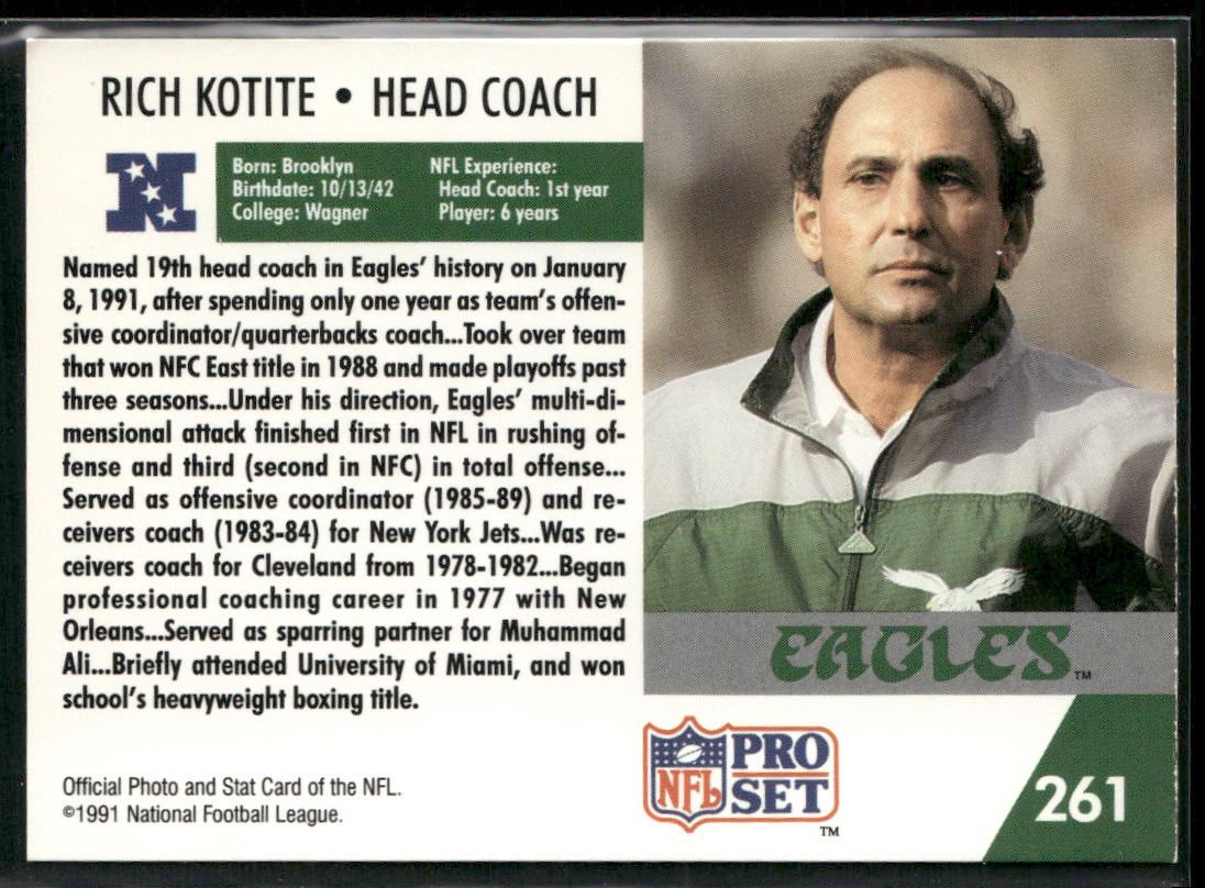 Rich Kotite 1991 Pro Set #261 Philadelphia Eagles back