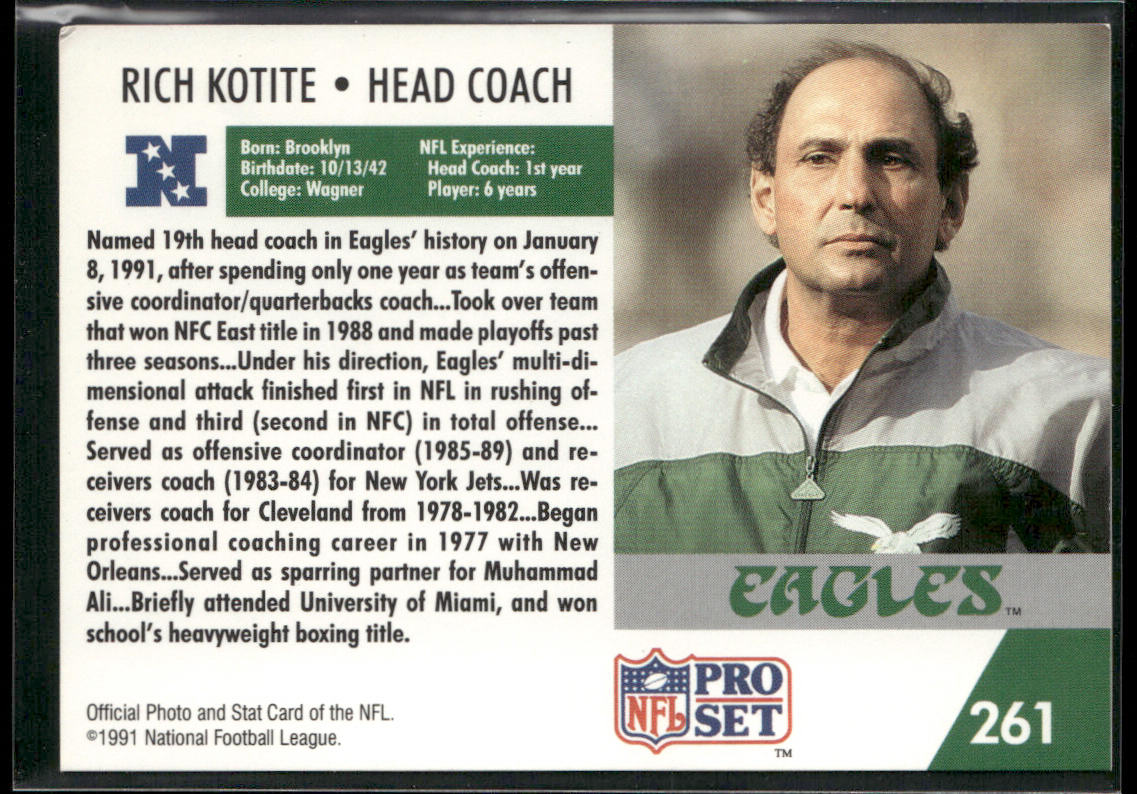 Rich Kotite 1991 Pro Set #261 Philadelphia Eagles back