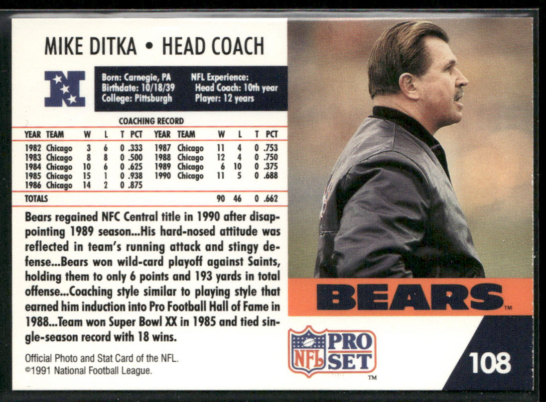 Mike Ditka 1991 Pro Set #108 Chicago Bears back
