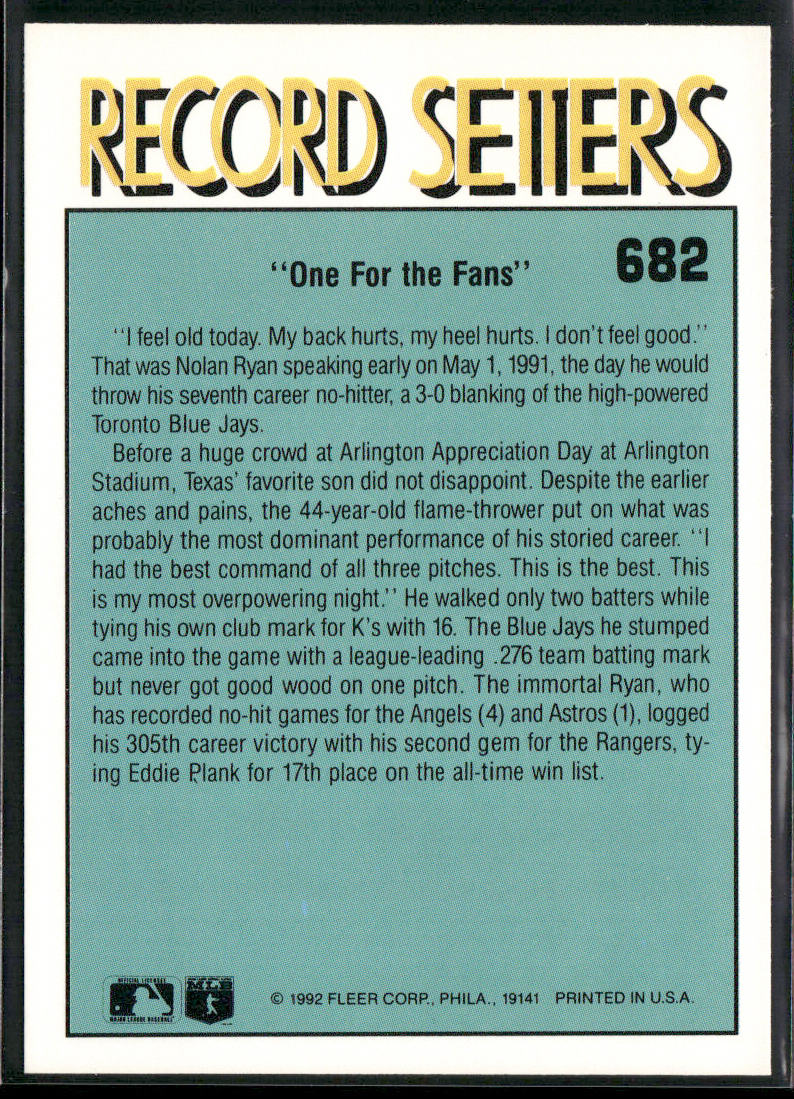 Nolan Ryan 1992 Fleer #682b Texas Rangers