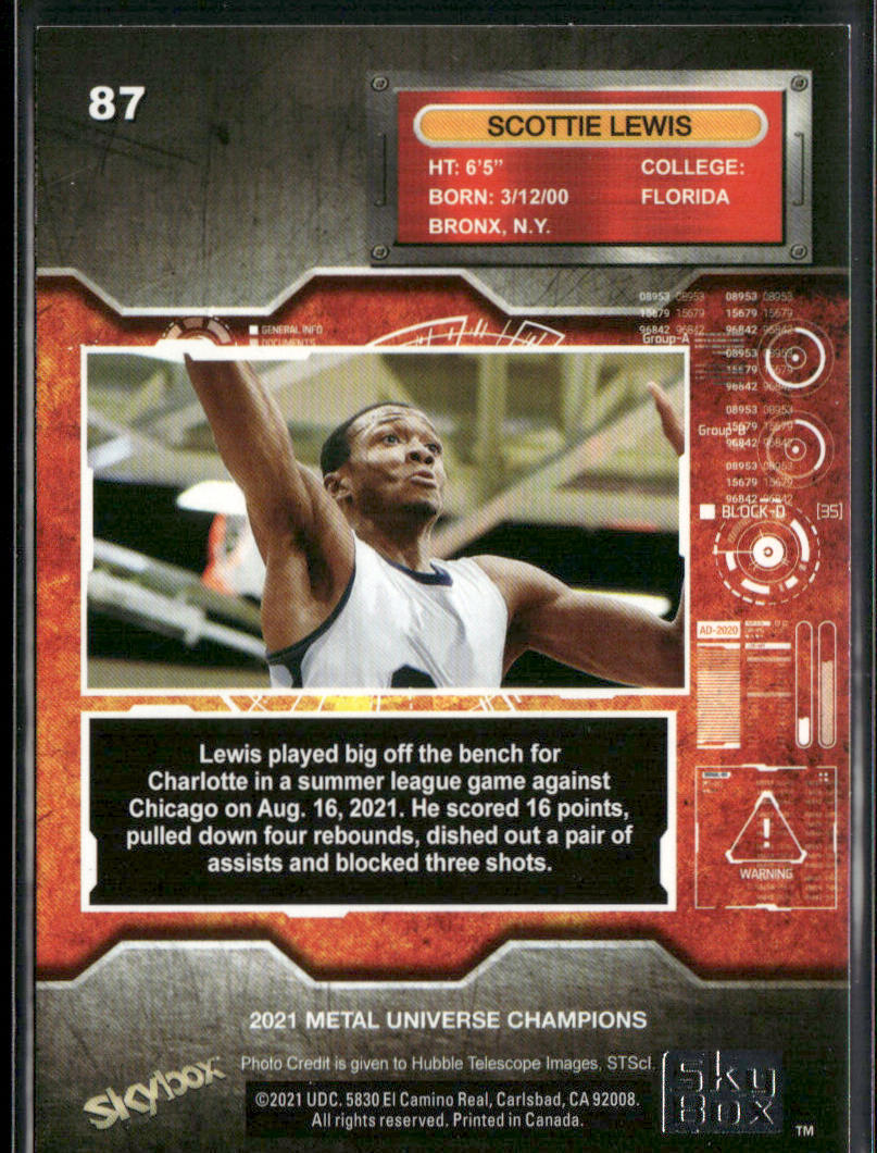 Scottie Lewis 2021 SkyBox Metal Universe Champions #87 back