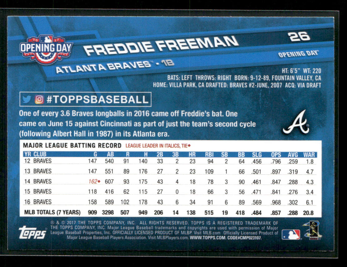 Freddie Freeman 2017 Topps Opening Day #26 Atlanta Braves