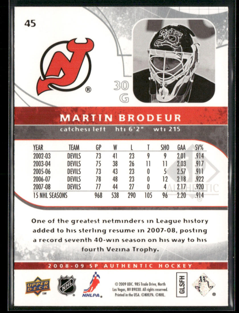 Martin Brodeur 2008-09 SP Authentic #45 New Jersey Devils