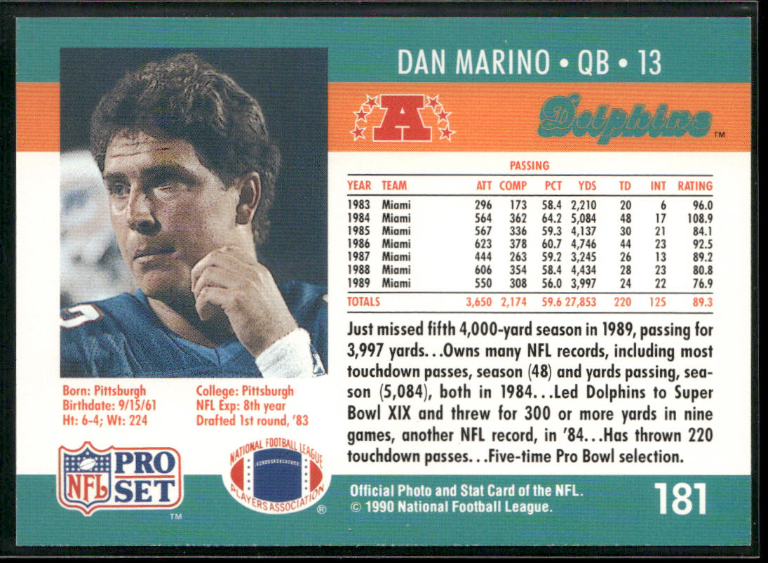 Dan Marino 1990 Pro Set #181 Miami Dolphins