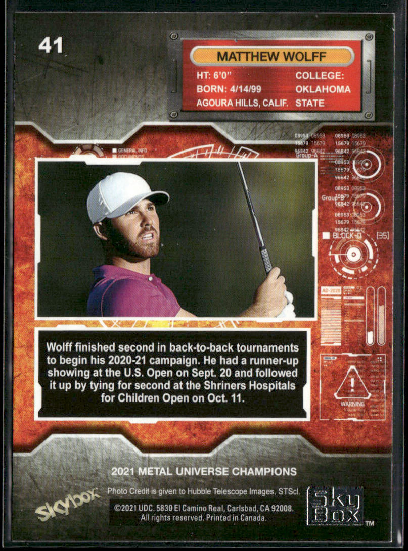 Matthew Wolff 2021 SkyBox Metal Universe Champions #41 RC back