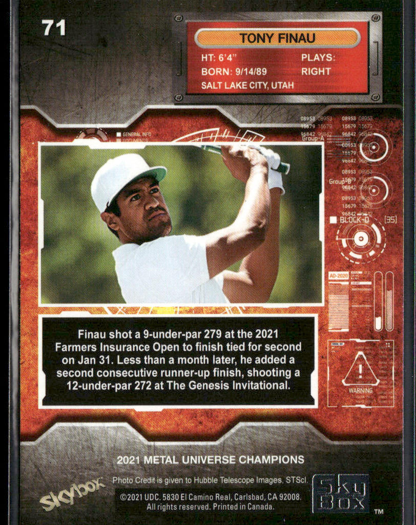 Tony Finau 2021 SkyBox Metal Universe Champions #71 RC back